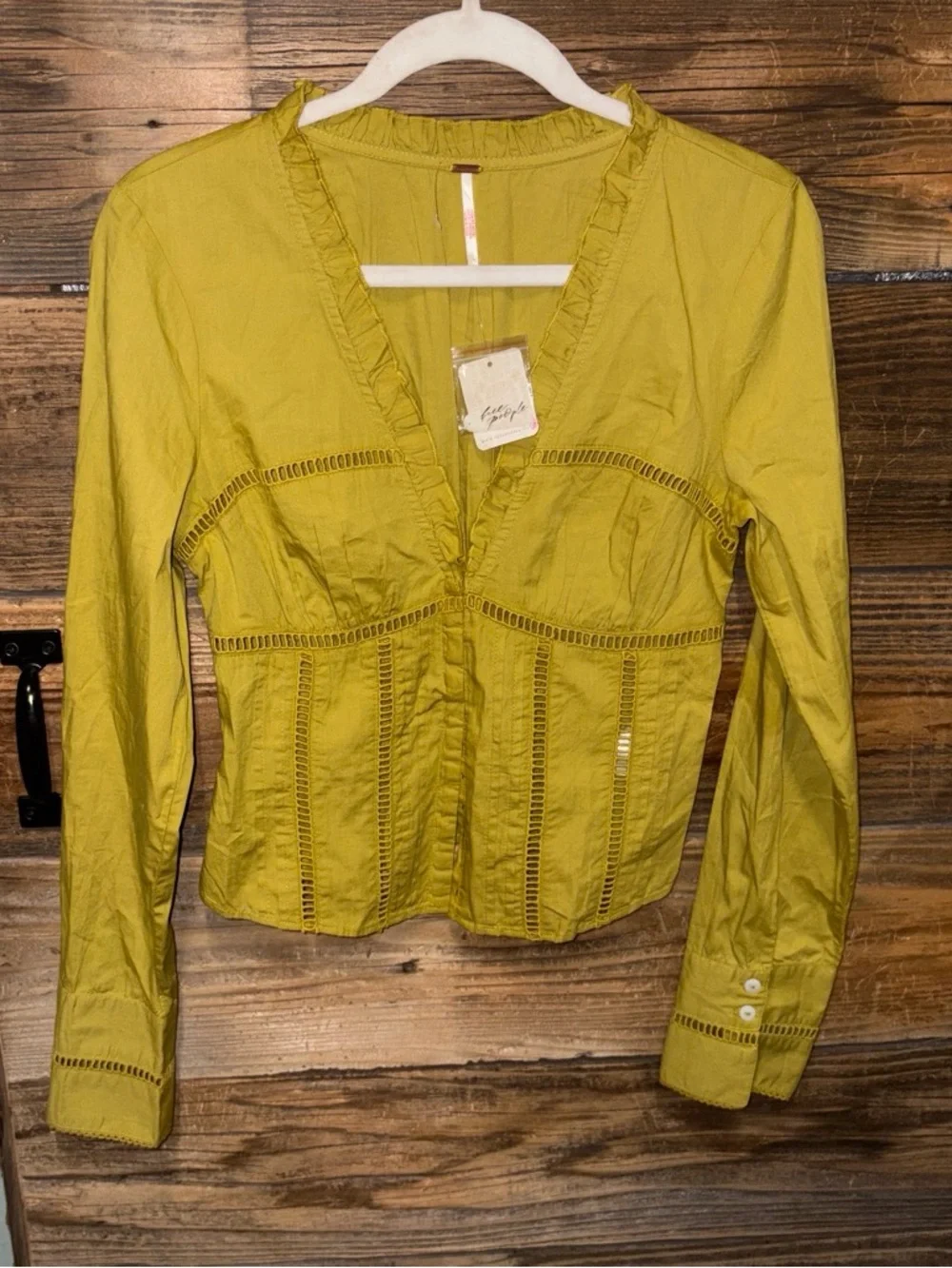 Free People Frankie Blouse Pale Chartreuse V-Neck Clasp-Front Blouse